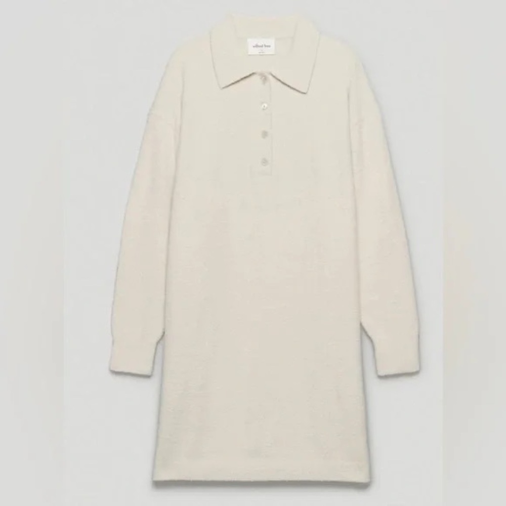 Wilfred Free Aritzia Hush Knit White Fuzzy Long Sleeve Polo Dress